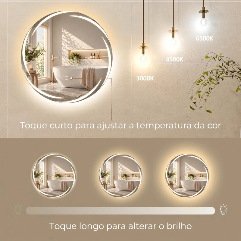HOMCOM Espelho Redondo LED para Casa de Banho 60x60 cm de Parede com Antiembaciamento Memória 3 Temperaturas de Cor e Brilho Regulável