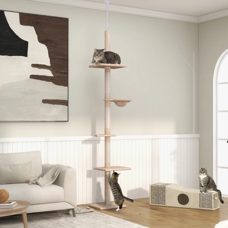 PawHut Albero Tiragraffi Multilivello a Soffitto con Amaca e Altezza Regolabile, 40x34x230-260cm, Beige