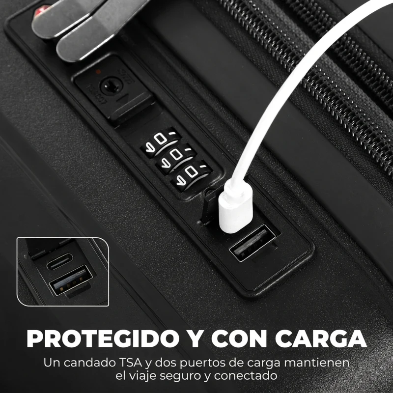 HOMCOM Maleta de Cabina 18" Ligera y Rígida con Puerto USB Cerradura TSA y 4 Ruedas Dobles Giratorias Negro