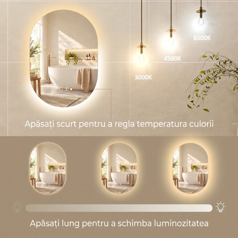 HOMCOM Oglindă de Baie cu LED 60x90 cm, Fără Ramă, 3 Culori Reglabile