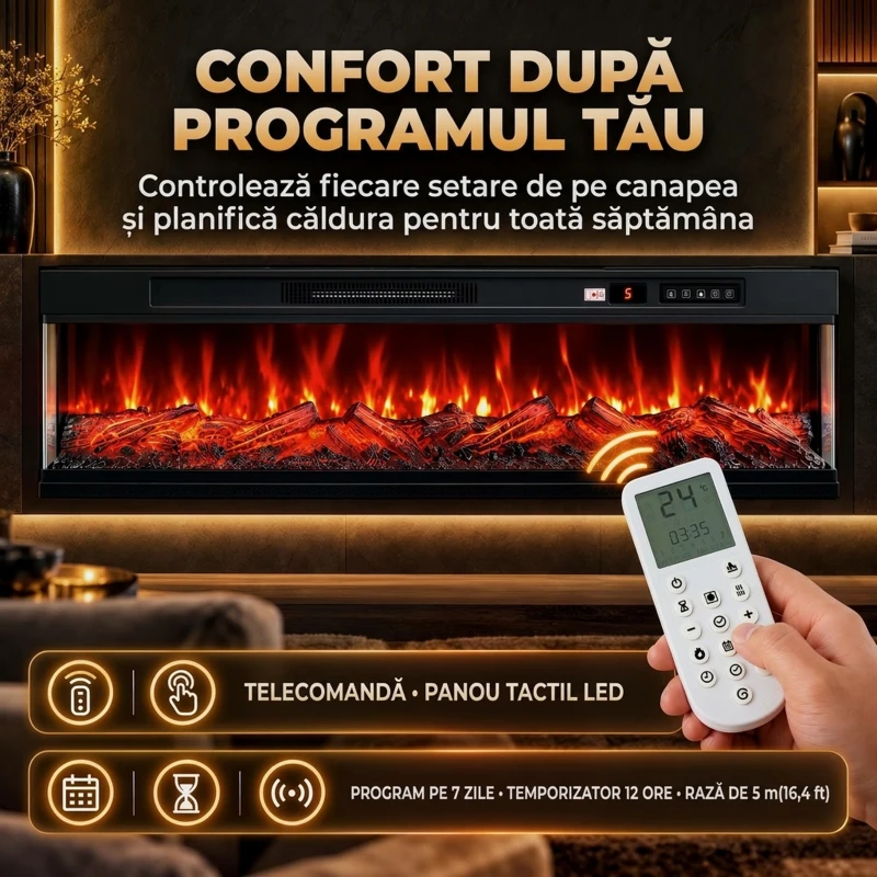 HOMCOM Șemineu electric de podea/încorporabil, pe 3 laturi, cu telecomandă, 750/1500 W, efect flacără 3D, 12 culori, 5 niveluri de luminozitate