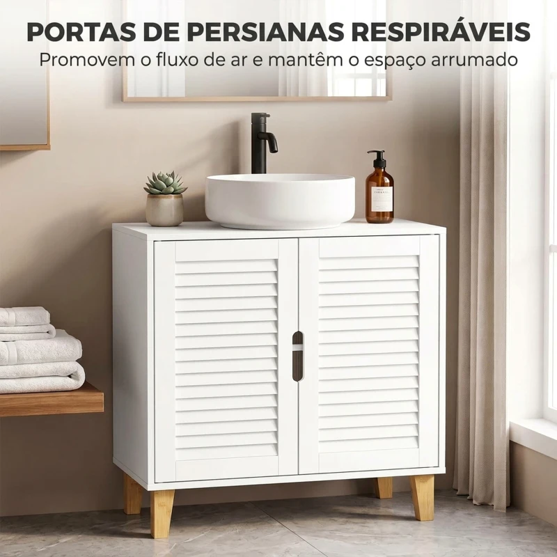 HOMCOM Móvel para Lavatório com 2 Portas Ripadas, Prateleira Ajustável e Pés de Bambu 60x30x60 cm Branco