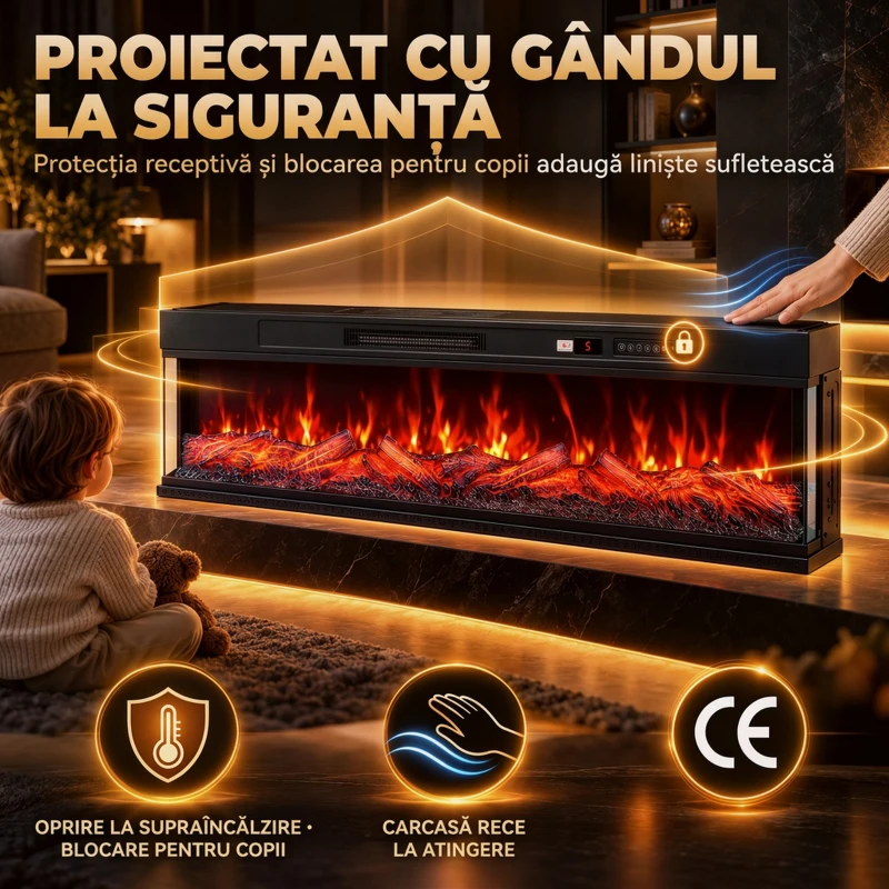 HOMCOM Șemineu electric de podea/încorporabil, pe 3 laturi, cu telecomandă, 750/1500 W, efect flacără 3D, 12 culori, 5 niveluri de luminozitate