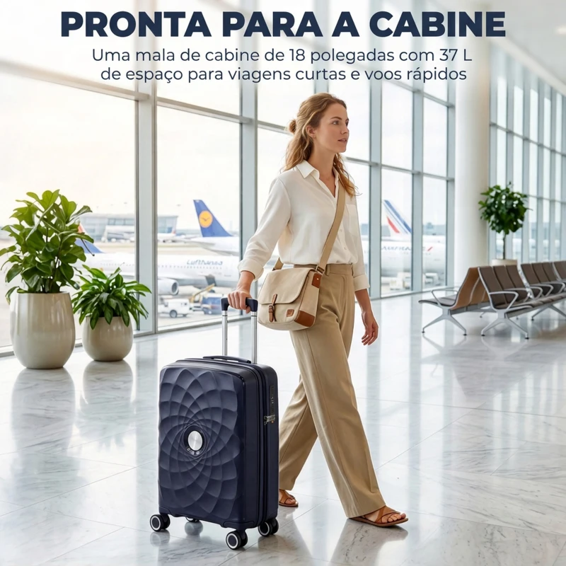 HOMCOM Mala de Cabine 18" Leve e Rígida com USB Fechadura TSA e 4 Rodas Duplas Giratórias Azul