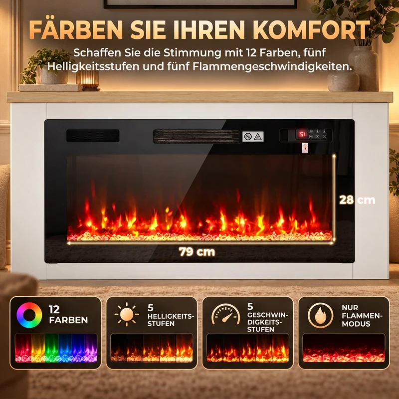 HOMCOM Elektrische haard met verwarming, 12 vlamkleuren, tv-meubel met haard voor tv's tot 55 inch, 114 cm, wit