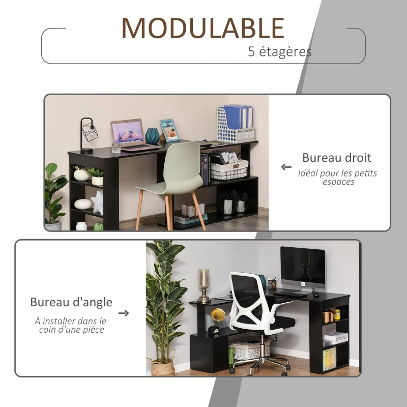 HOMCOM Bureau d'angle table de salle à manger avec rangement bureau informatique modulable bibliothèque intégrée + étagère 3 niveaux noir