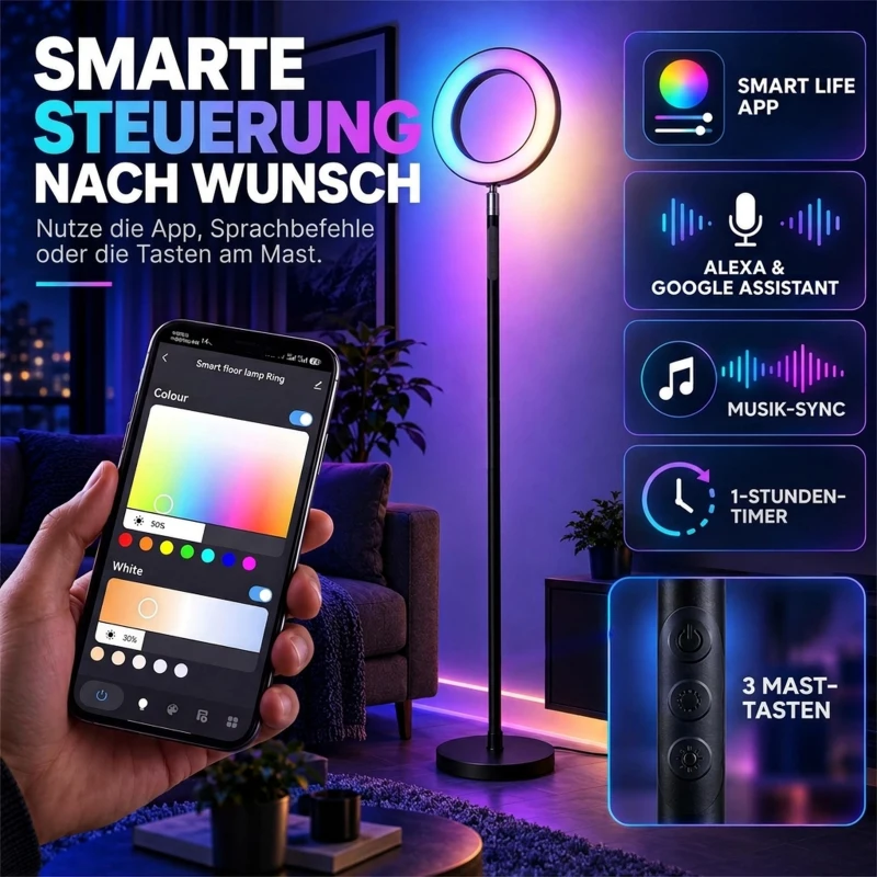 HOMCOM 42W LED vloerlamp dimbaar, 3 kleurtemperaturen, uplighter met verstelbare ringkop, zwart