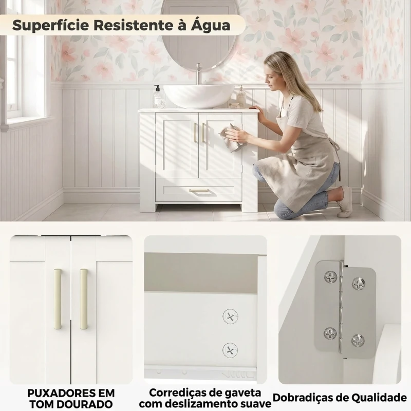 HOMCOM Móvel para Lavatório com Prateleiras na Porta Suporte para Rolo Gaveta e Nichos Abertos para Lavatório sem Coluna Branco