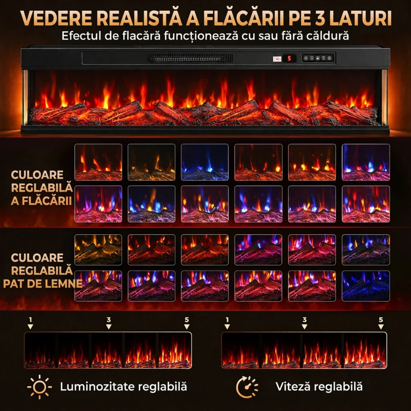 HOMCOM Șemineu electric de podea/încorporabil, pe 3 laturi, cu telecomandă, 750/1500 W, efect flacără 3D, 12 culori, 5 niveluri de luminozitate
