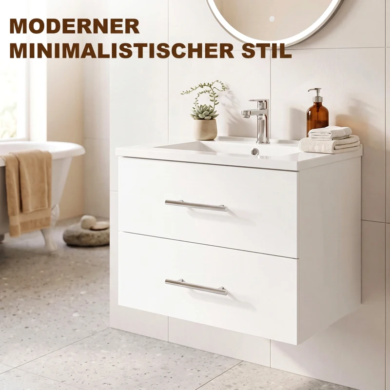 HOMCOM Wastafelonderkast voor wandmontage, badkameronderkast met keramische wastafel, 60 cm, wit
