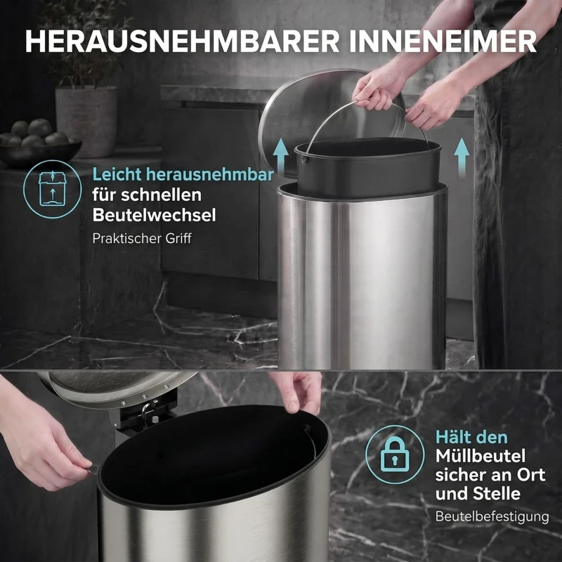 HOMCOM Mülleimer mit Soft-Close Deckel Treteimer mit Herausnehmbarem Inneneimer 30L Silber