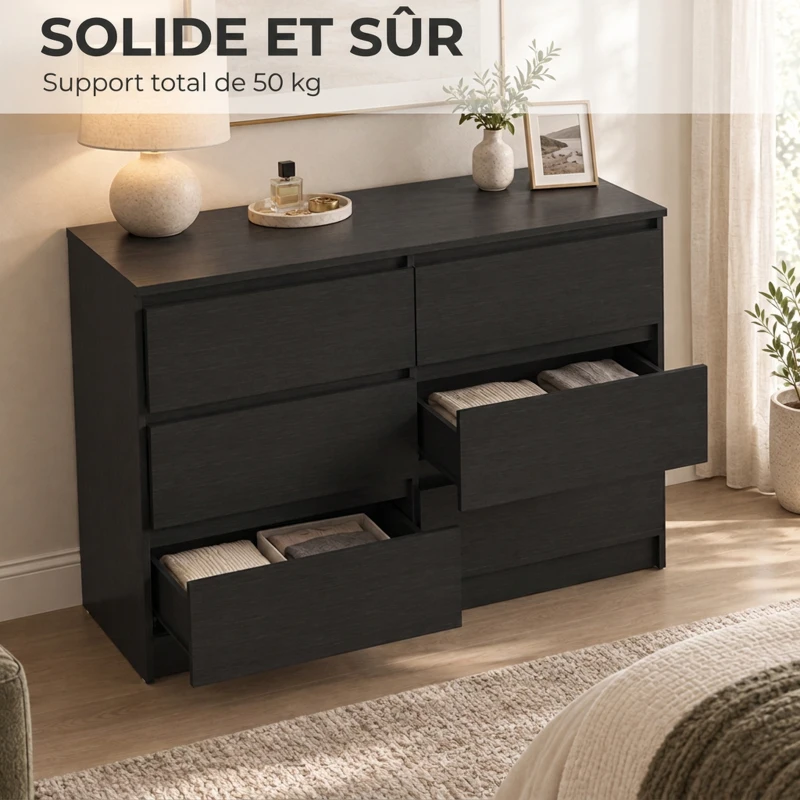 HOMCOM Commode Chambre Adulte, Chiffonnier 6 Tiroirs, Commode Vêtement, Meuble de Rangement Contemporain pour Salon, Noir