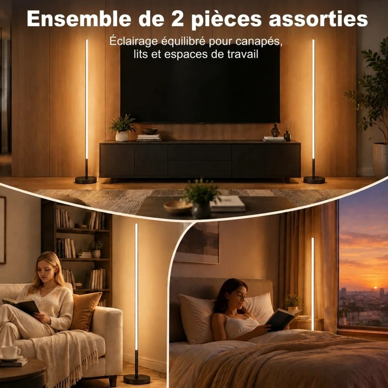 HOMCOM Lot de 2 Lampadaires d'Angle LED 1450lm Lampe d'Angle Dimmable 150cm 3 Niveaux de Luminosité Interrupteur au Pied Noir