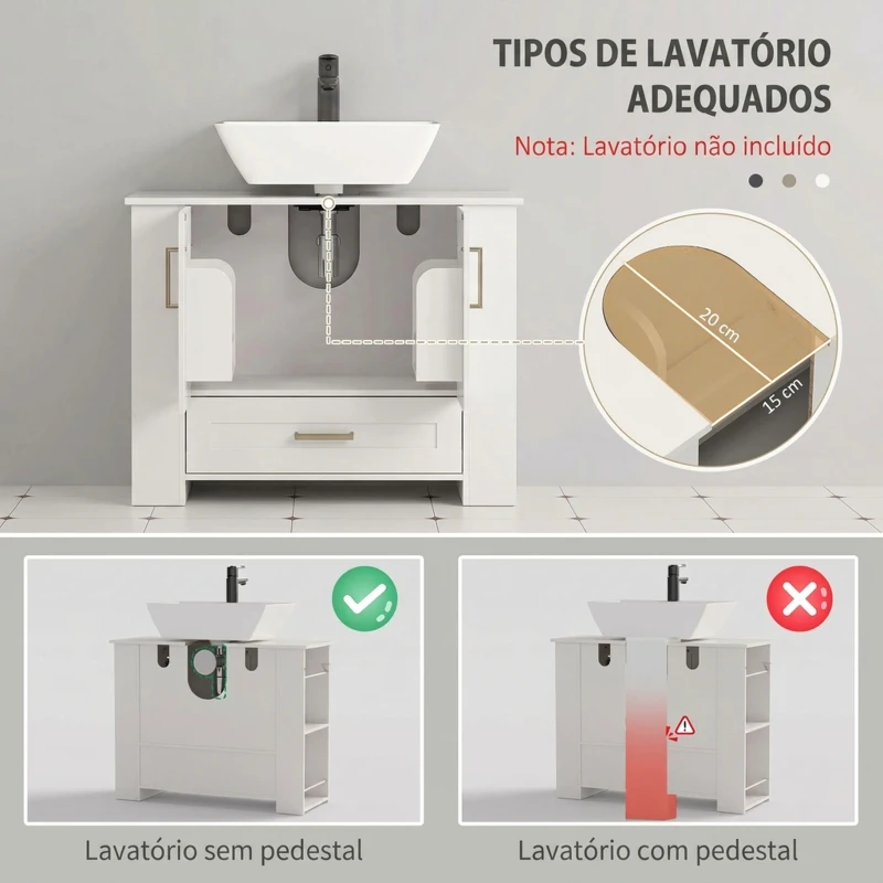 HOMCOM Móvel para Lavatório com Prateleiras na Porta Suporte para Rolo Gaveta e Nichos Abertos para Lavatório sem Coluna Branco