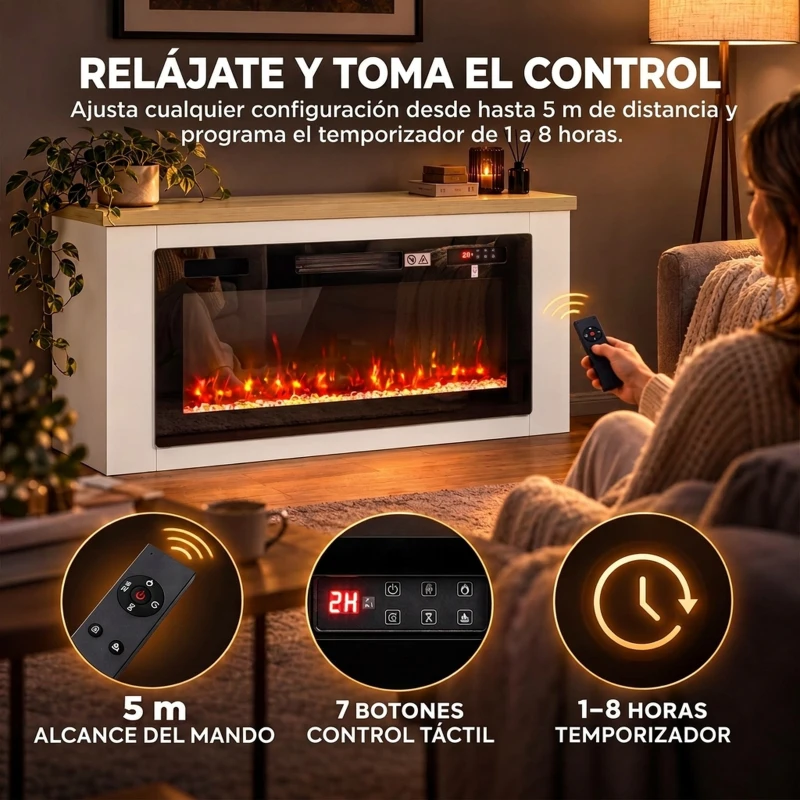 HOMCOM Chimenea Eléctrica de Pie 900/1800W Mueble para TV 55" 12 Colores de Llama 3D 5 Brillos Control Remoto para 35㎡ Blanco