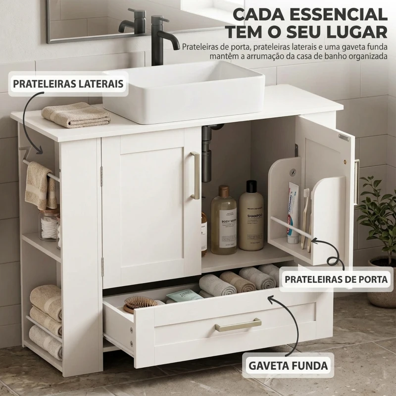HOMCOM Móvel para Lavatório com Prateleiras na Porta Suporte para Rolo Gaveta e Nichos Abertos para Lavatório sem Coluna Branco