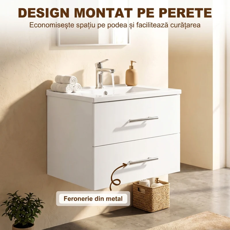 HOMCOM Dulap cu Lavoar pentru Baie, Alb, cu 2 Sertare