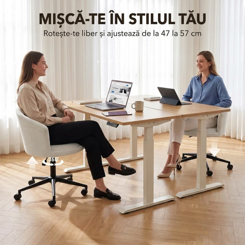 HOMCOM Scaun de birou rotativ din chenille, înălțime reglabilă, pentru machiaj, studio sau dormitor, crem