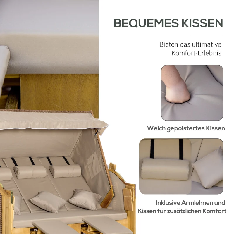 Outsunny strandstoel 3-zits ligbed met dak 2 klaptafels voetenbank chaise longue 5-traps rugleuning XXL polyrotan naturel 150 x 79 x 160 cm