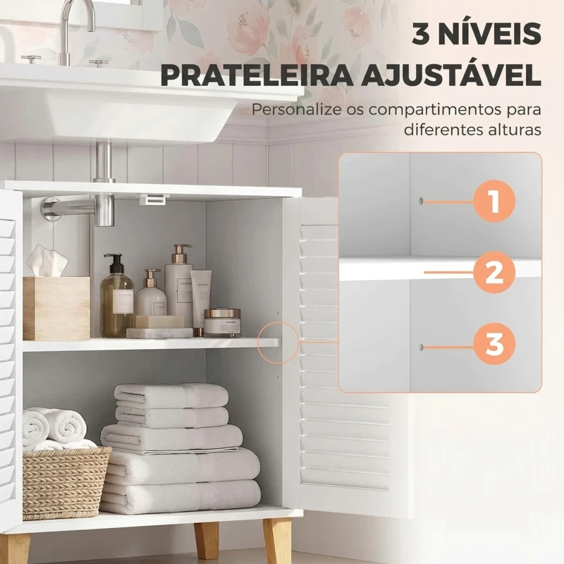 HOMCOM Móvel para Lavatório com 2 Portas Ripadas, Prateleira Ajustável e Pés de Bambu 60x30x60 cm Branco