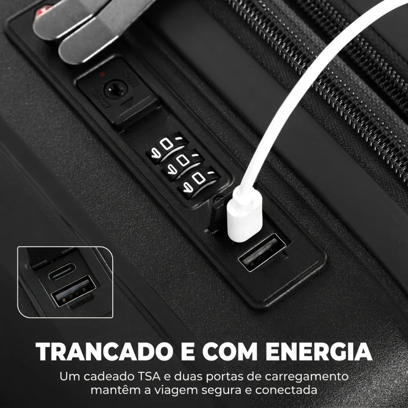 HOMCOM Mala de Cabine 18'' Leve e Rígida com Porta USB Fecho TSA e 4 Rodas Duplas 360° Preta