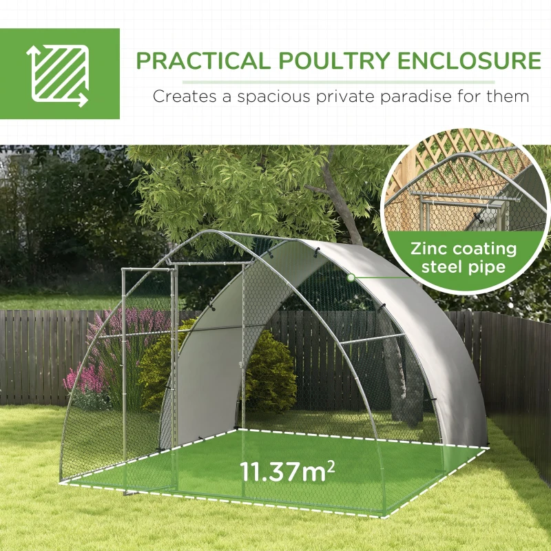 PawHut Galvanised Outdoor Chicken Coop, with Cover, for 8-12 Chickens, Hens, Ducks, Rabbits, 3 x 3.8 x 2.2m - Silver Tone