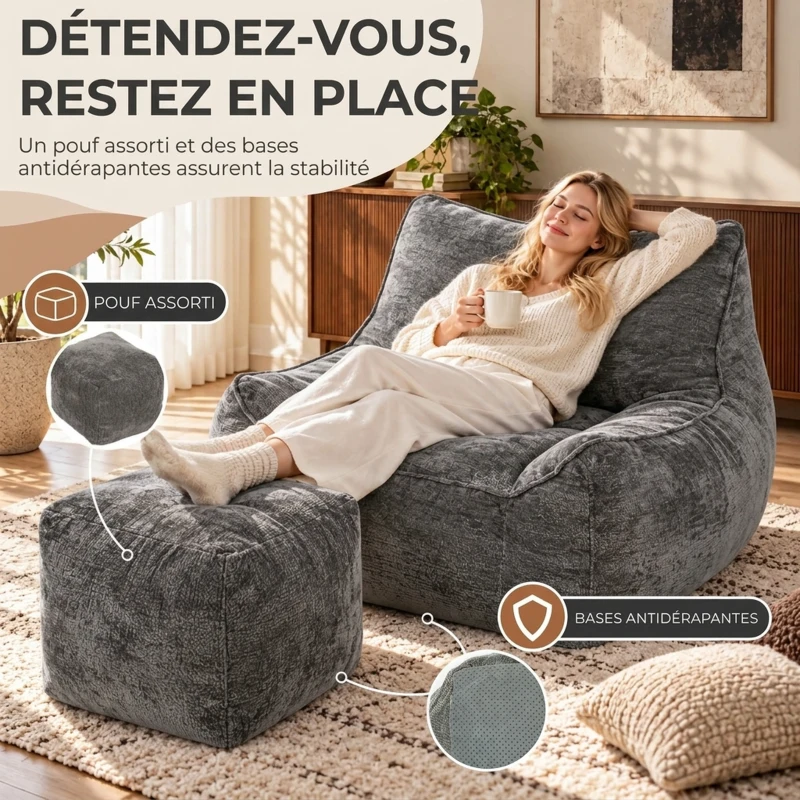 HOMCOM Pouf Salon Adulte avec Repose-Pieds, Fauteuil de Sol 1 Place Compressé en Chenille, avec Dossier, Accoudoirs, Gris