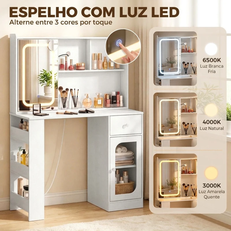 HOMCOM Toucador de Maquilhagem com Espelho Deslizante Luzes LED de 3 Cores Gaveta 4 Compartimentos Porta e 3 Prateleiras Abertas Branco