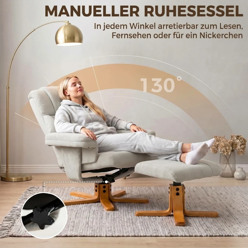 HOMCOM Relaxsessel 130° verstellbare Rückenlehne 360° drehbar Fernsehsessel mit Hocker Cremeweiß
