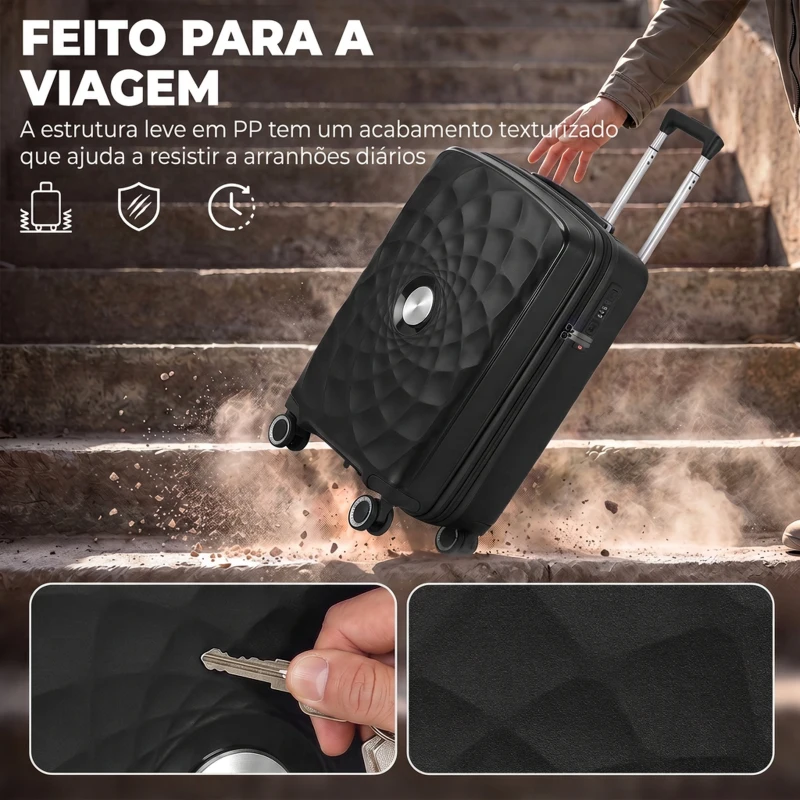 HOMCOM Mala de Cabine 18'' Leve e Rígida com Porta USB Fecho TSA e 4 Rodas Duplas 360° Preta