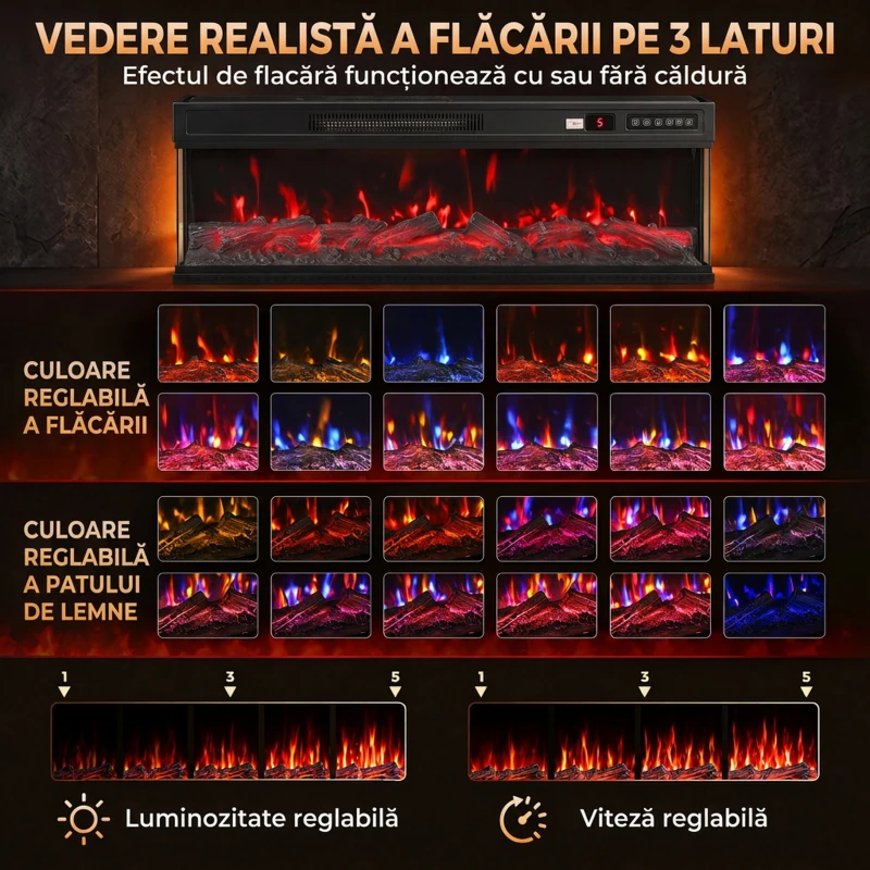 HOMCOM Șemineu Electric de Podea/Încastrabil, 3 Laturi, cu Telecomandă, 750/1500W, Efect Flacără 3D 12 Culori, 5 Niveluri de Luminozitate