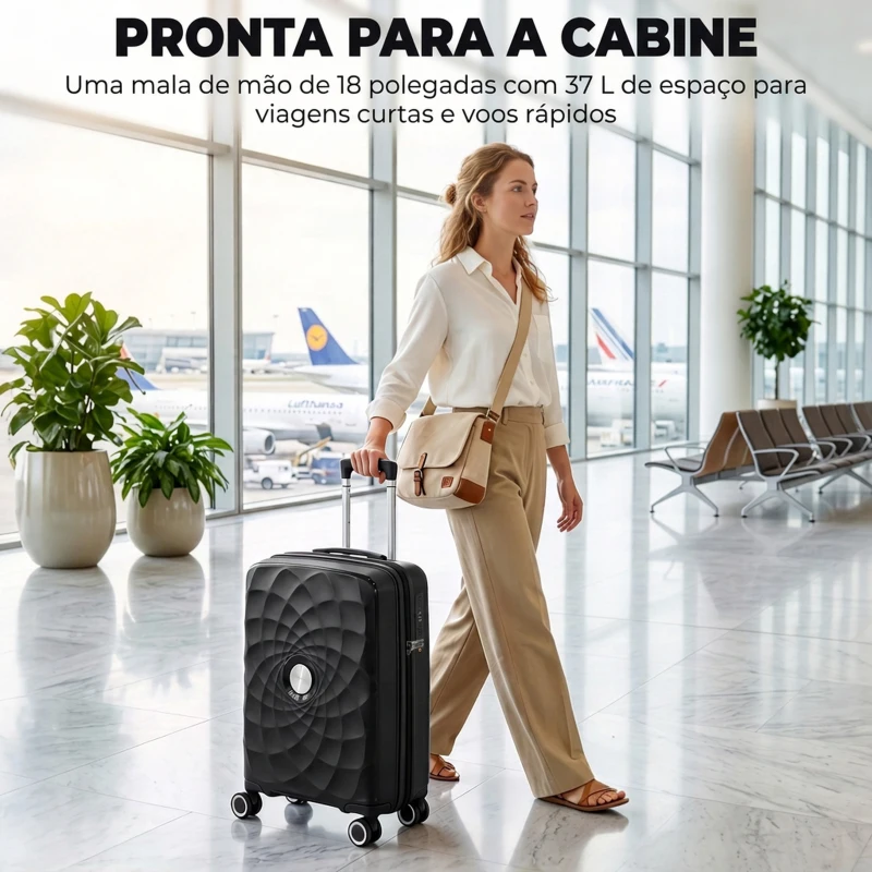 HOMCOM Mala de Cabine 18'' Leve e Rígida com Porta USB Fecho TSA e 4 Rodas Duplas 360° Preta