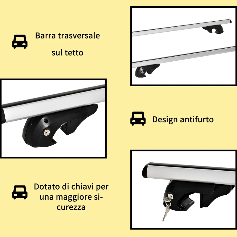 HOMCOM Barre Portapacchi per Auto con Serratura e Chiavi in Lega di Alluminio 125x5.5x7cm, Max. 75 kg