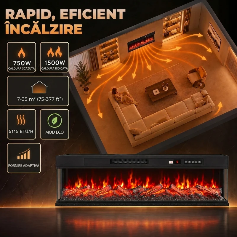 HOMCOM Șemineu electric de podea/încorporabil, pe 3 laturi, cu telecomandă, 750/1500 W, efect flacără 3D, 12 culori, 5 niveluri de luminozitate
