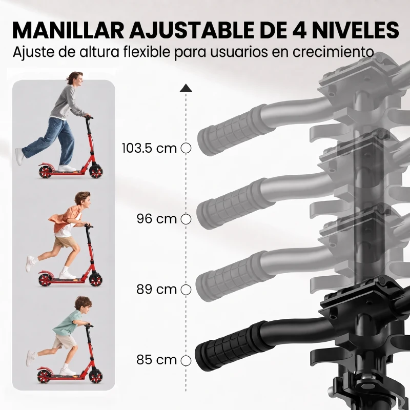 SPORTNOW Patinete Plegable para Adultos de Aluminio con Manillar Ajustable Ruedas con Luces Amortiguación Delantera Doble Freno