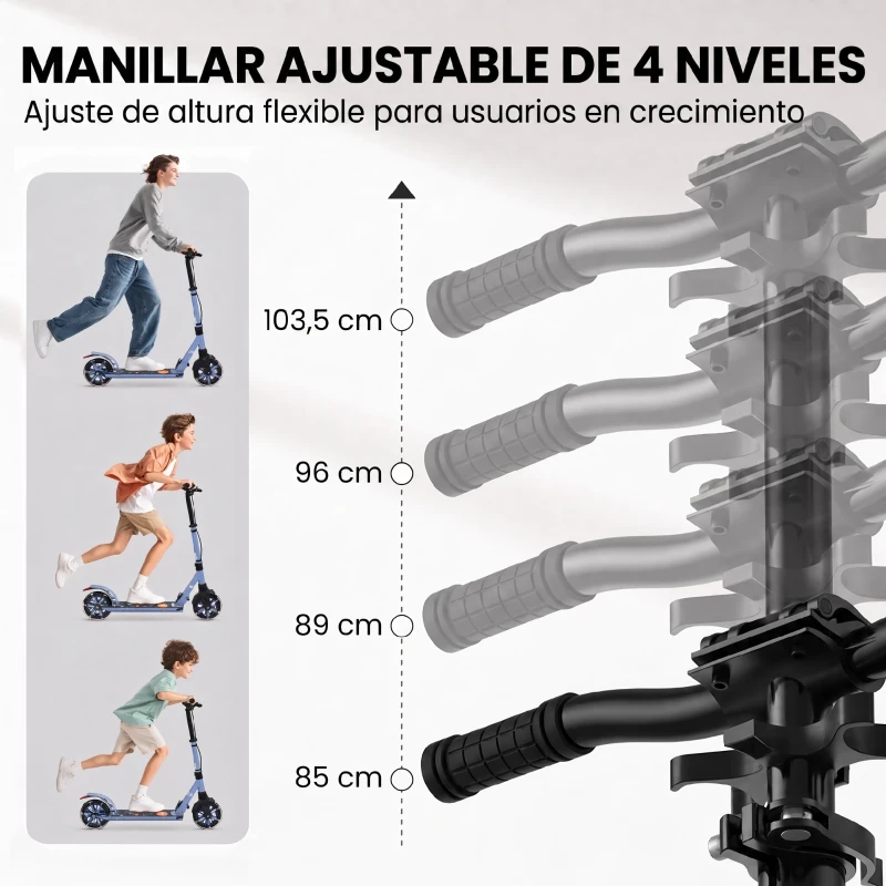 SPORTNOW Patinete Plegable para Adultos de Aluminio con Manillar Ajustable Ruedas con Luces Amortiguación Delantera Doble Freno