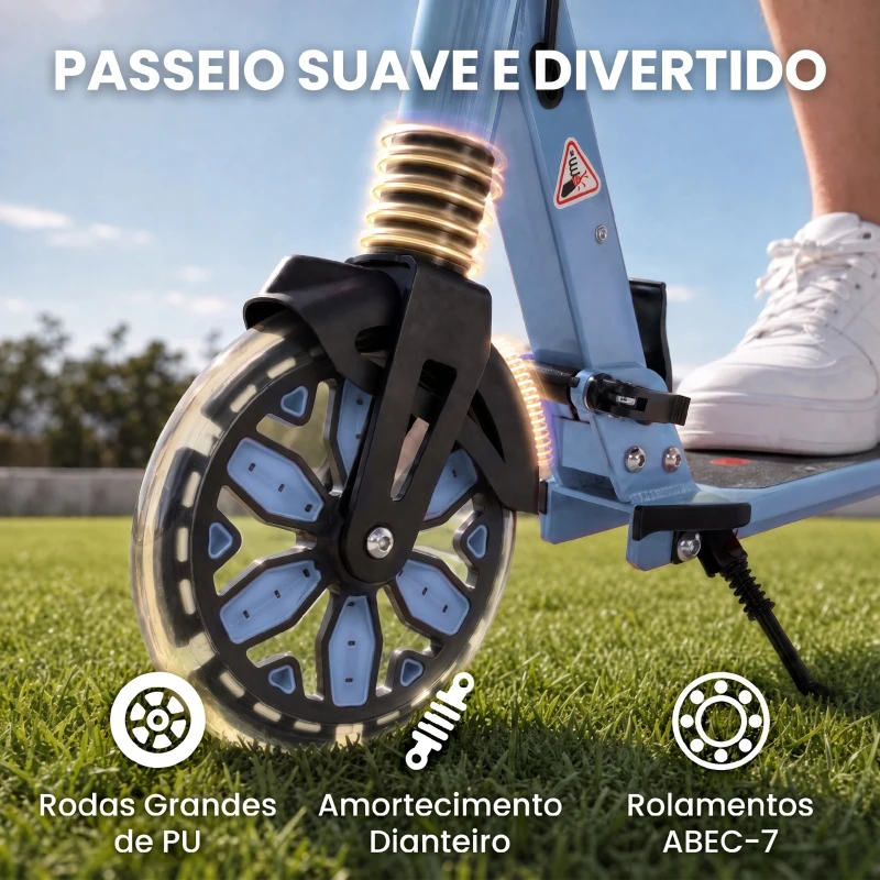 SPORTNOW Trotinete Dobrável para Adolescentes e Adultos com Rodas Luminosas Guiador Ajustável Travão Duplo e Suspensão Azul