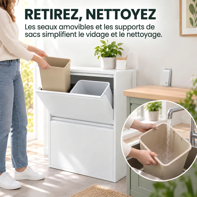 HOMCOM Meuble Poubelle de Tri Sélectif 60 L (4 x 15 L), 4 Compartiments, Fermeture Amortie, Seaux Intérieurs Amovibles, Blanc