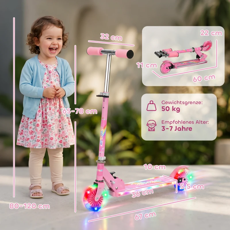 HOMCOM Roller Kinder Scooter mit LED Rädern 124 mm Rollen klappbarer Höhenverstellbar mit Musik Hinterradbremse Rosa