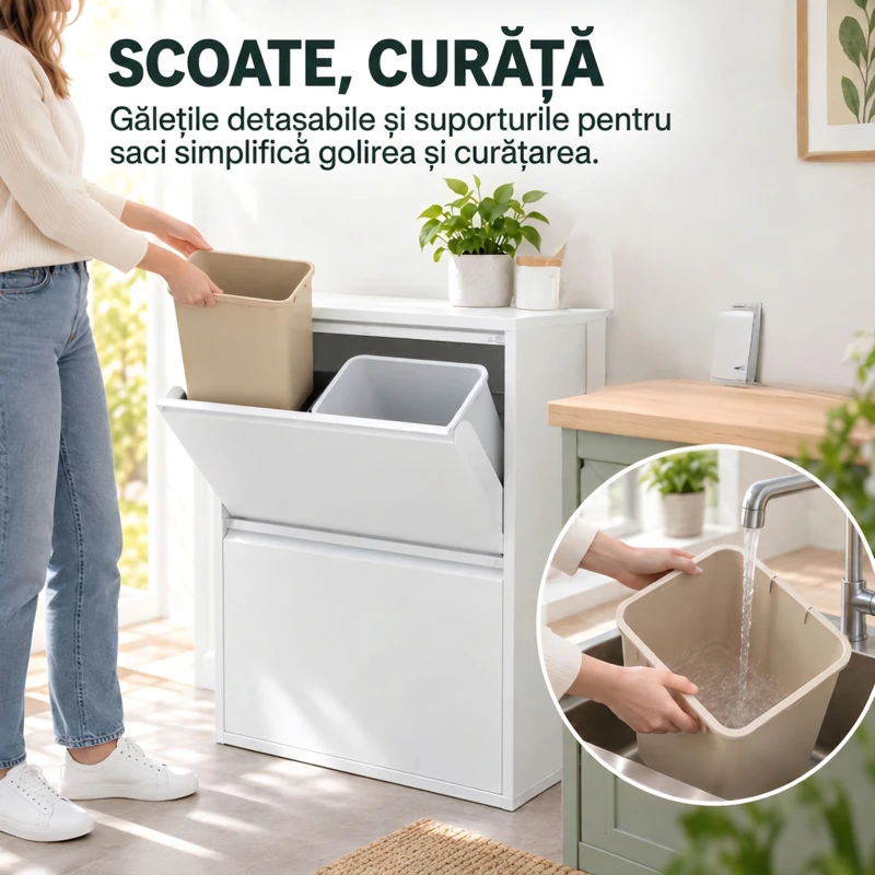 HOMCOM Coș rabatabil pentru colectare selectivă 4x15L din oțel, 4 găleți detașabile, închidere amortizată, alb
