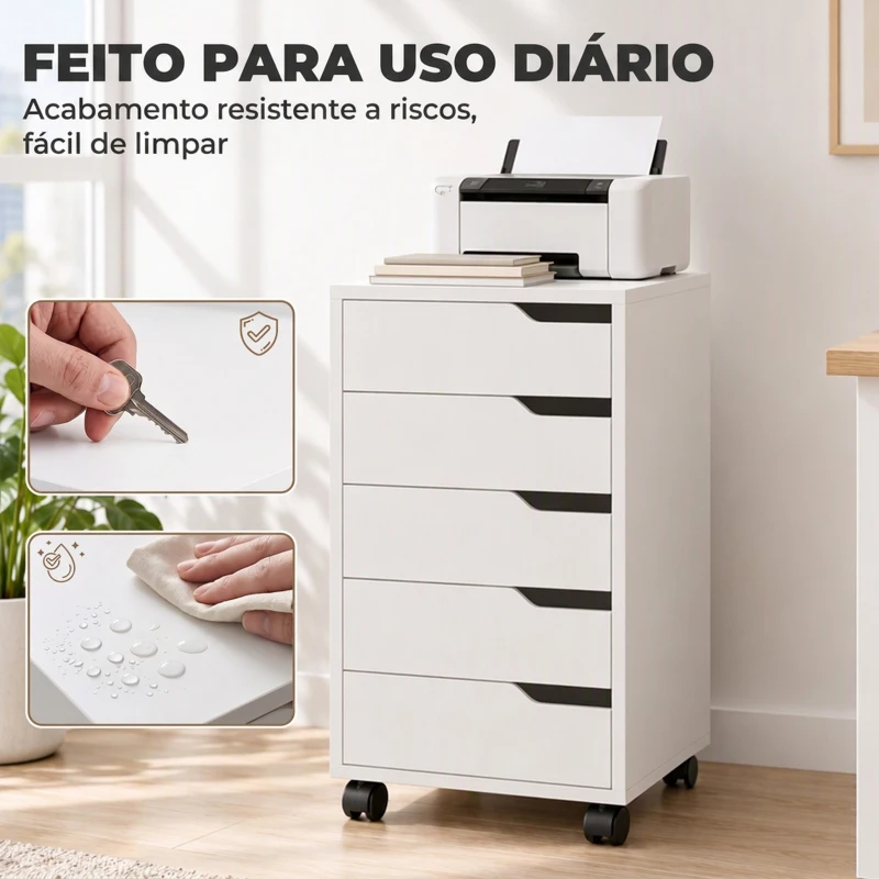 HOMCOM Gaveteiro de Escritório com 5 Gavetas, Rodas e Suporte para Impressora, Branco