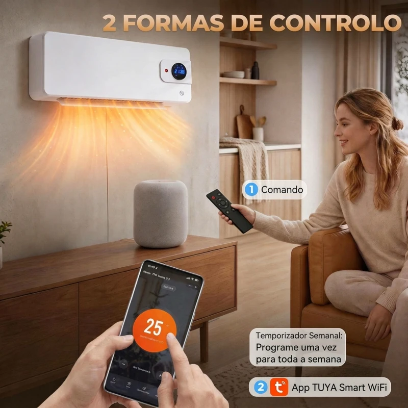 HOMCOM Aquecedor Elétrico de Parede 2000W com 3 Modos, Wi-Fi, Ecrã LED, Termóstato, Temporizador e Oscilação Branco