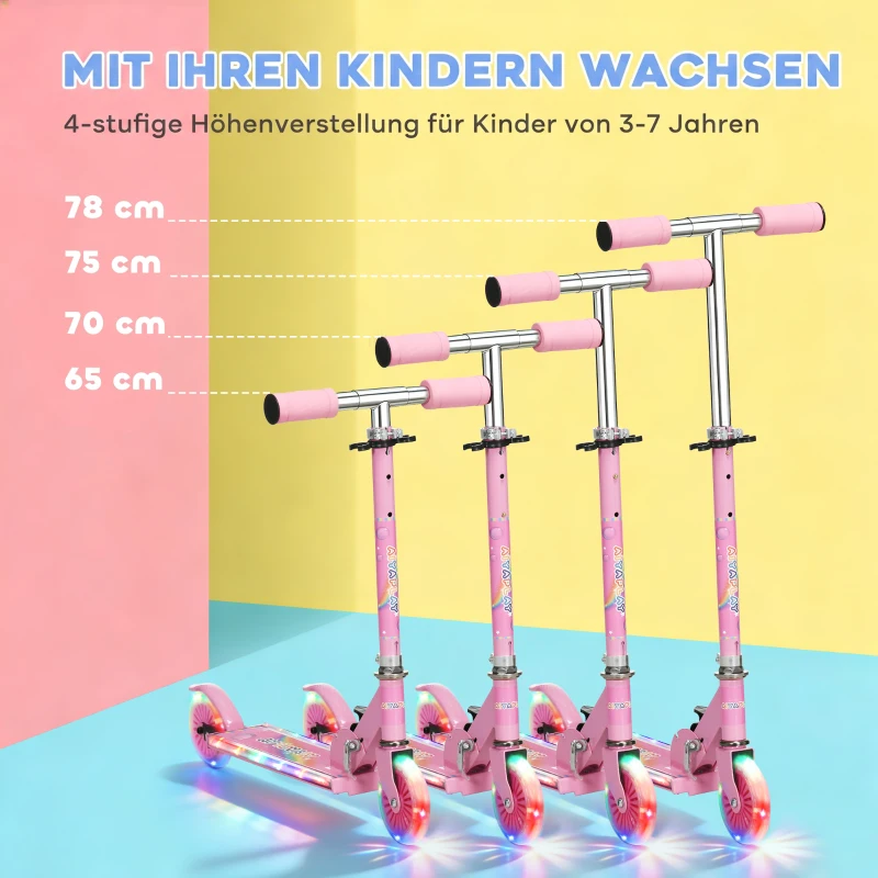 HOMCOM Roller Kinder Scooter mit LED Rädern 124 mm Rollen klappbarer Höhenverstellbar mit Musik Hinterradbremse Rosa