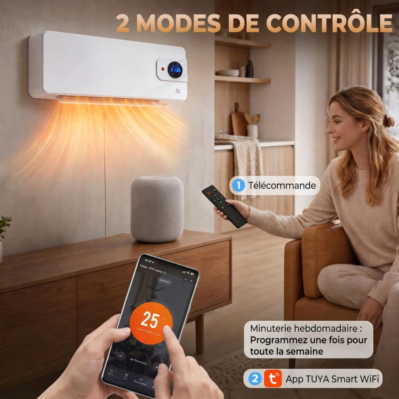HOMCOM Radiateur Soufflant Mural Radiateur Électrique 2000W en Céramique PTC Oscillation WiFi Thermostat 54x12,5x18,7cm Blanc