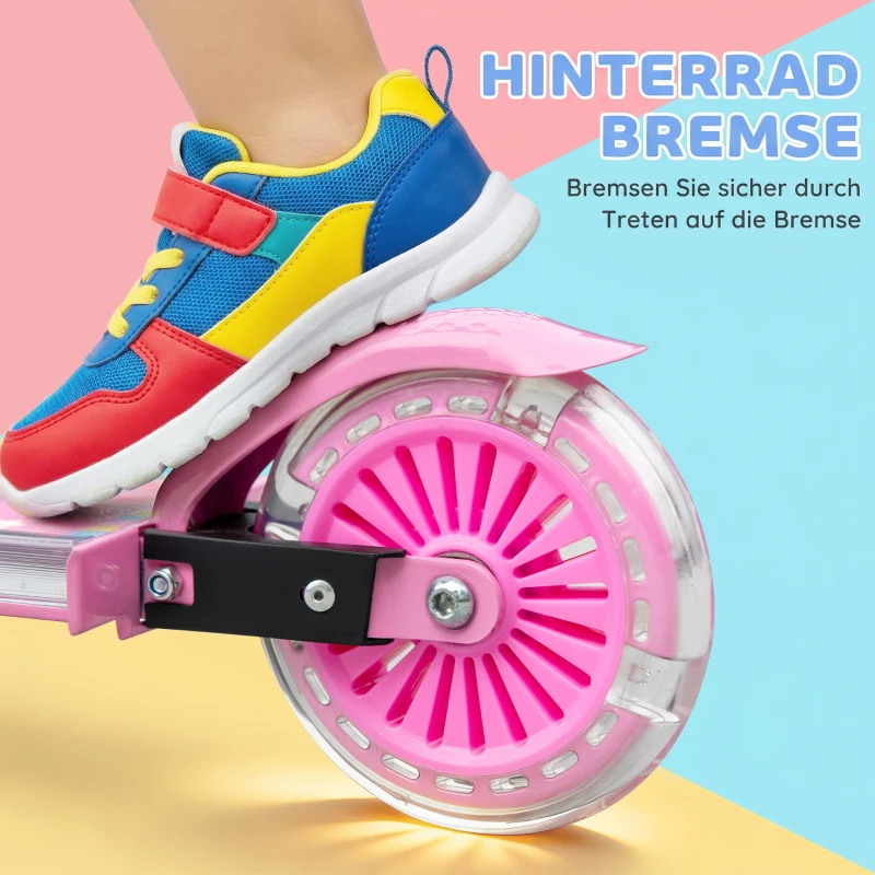 HOMCOM Roller Kinder Scooter mit LED Rädern 124 mm Rollen klappbarer Höhenverstellbar mit Musik Hinterradbremse Rosa