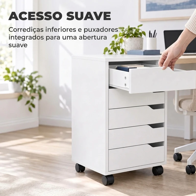 HOMCOM Gaveteiro de Escritório com 5 Gavetas, Rodas e Suporte para Impressora, Branco