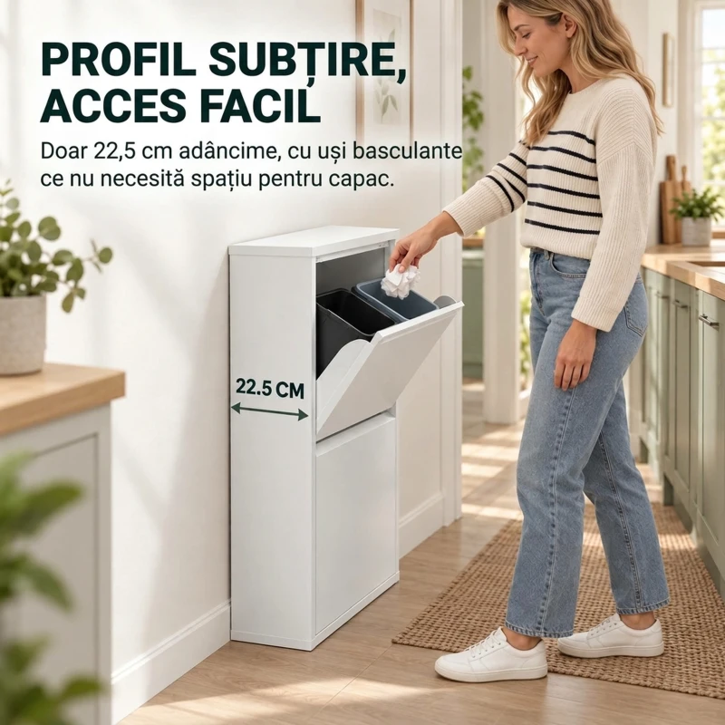 HOMCOM Coș rabatabil pentru colectare selectivă 4x15L din oțel, 4 găleți detașabile, închidere amortizată, alb