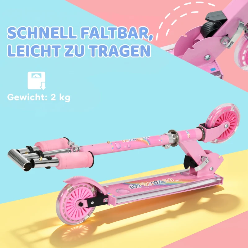 HOMCOM Roller Kinder Scooter mit LED Rädern 124 mm Rollen klappbarer Höhenverstellbar mit Musik Hinterradbremse Rosa