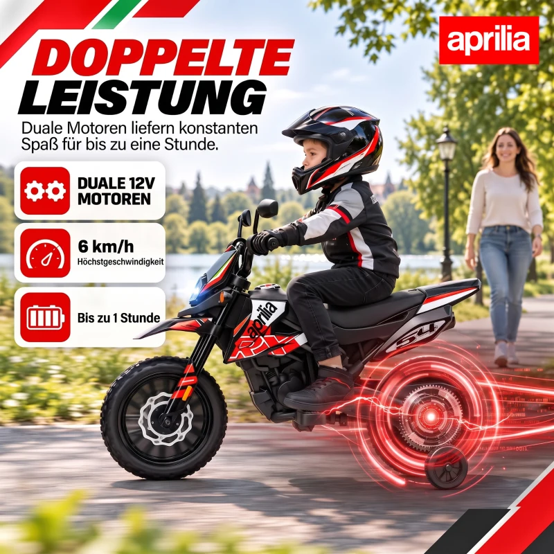 AIYAPLAY Elektrische kindermotor 12V met 2 motoren, zijwieltjes, vering, 13 inch wielen, muziek en USB