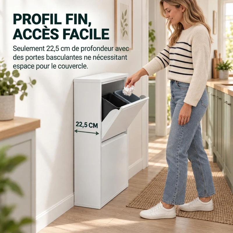HOMCOM Meuble Poubelle de Tri Sélectif 60 L (4 x 15 L), 4 Compartiments, Fermeture Amortie, Seaux Intérieurs Amovibles, Blanc